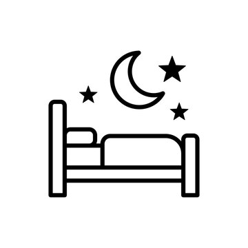 A neat line icon showing a bed set beneath a nighttime sky with a crescent moon and twinkling stars. Emphasizes the importance of good sleep hygiene, relaxation, insomnia cure, and overnight mental re