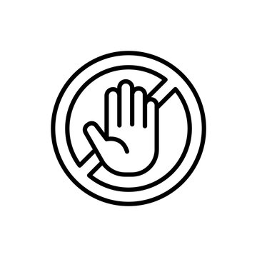A clear minimalist icon displaying a hand raised in a "stop" motion contained within a protective circle. Signifies personal boundaries, assertiveness training, saying no, self-protection, and mental 