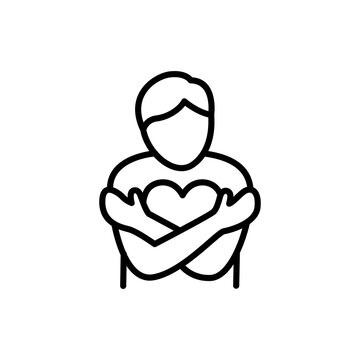 Description:
An outline icon depicting a person cross-hugging their own shoulders with a heart icon integrated over their chest. Symbolizes self-love, self-compassion, emotional healing, body positivi