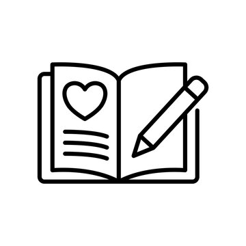 An open notebook or journal icon showing a heart on the page and a pencil ready to write. Symbolizes gratitude tracking, expressive writing, cognitive behavioral therapy (CBT), and self-reflection.