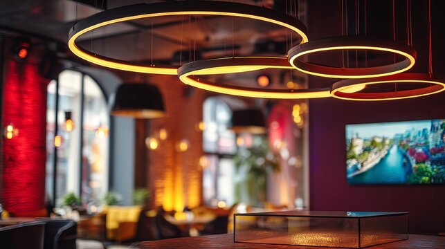 Modern cafe interior with warm lighting and circular ceiling lamps