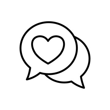 An elegant line icon featuring two overlapping conversation bubbles that enclose a neat heart symbol. Represents empathetic communication, compassionate listening, relationship counseling, understandi