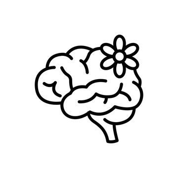 A minimalist line drawing showing a top-down view of a human brain with a distinct flower blooming on its top section. Illustrates neurodiversity, mental health awareness, cognitive wellness, psycholo