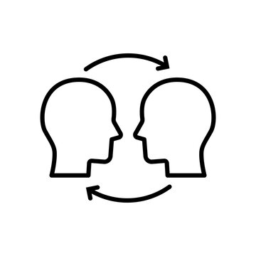 An outline icon displaying two face profiles facing one another, bridged by circular arrows representing a cycle of dialogue. Denotes conflict resolution, active listening, negotiation, effective feed