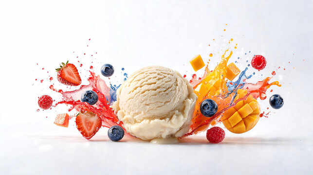 Vanilla ice cream scoop with exploding fresh fruits and colorful juice splashes on white background