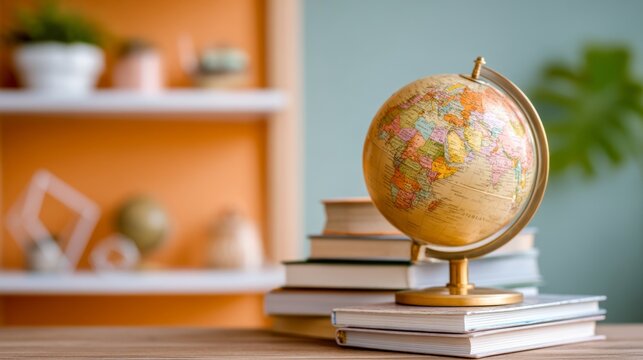Vintage globe on stack of books with blurred bookshelf background indoors
