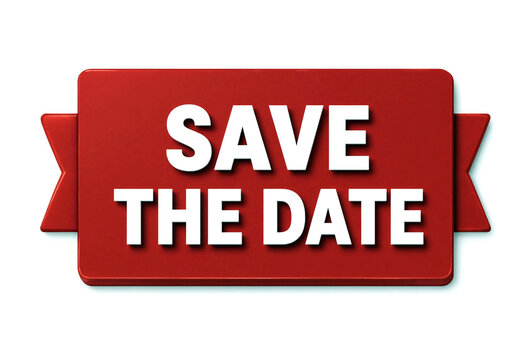 Bright red save the date banner with decorative ribbons for event invitations