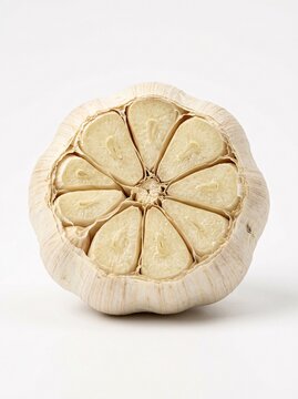 Fresh garlic bulb cut in half showing symmetry and internal cloves on white