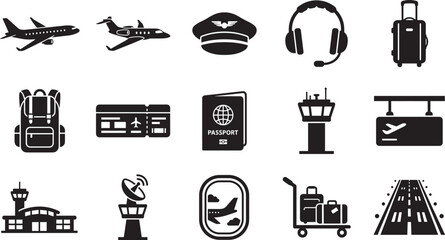 Aviation travel and airport terminal services vector icons set with airplane ticket passport runway and luggage black silhouettes © MdRubel