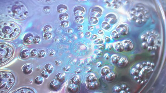 Iridescent bubble field with concentric droplet rings over glossy liquid surface, creating luminous abstract motion with pearl sheen, rainbow highlights, and soft reflections