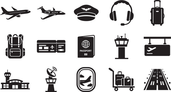 Aviation travel and airport terminal services vector icons set with airplane ticket passport runway and luggage black silhouettes