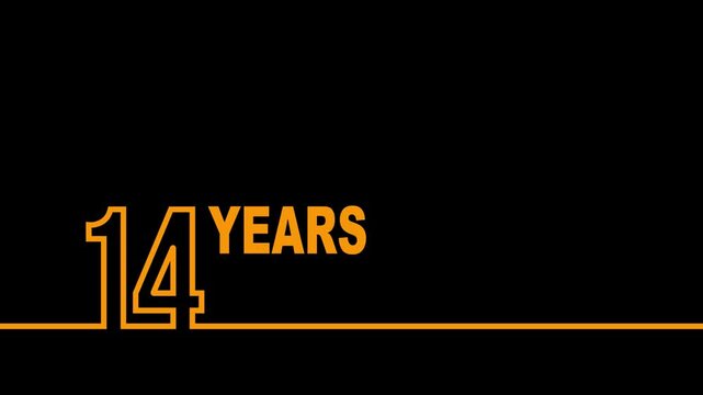 14 years anniversary or birthday isolated on black background. Linear outline graphics. Can be used for printing materials, brochures, covers, reports.