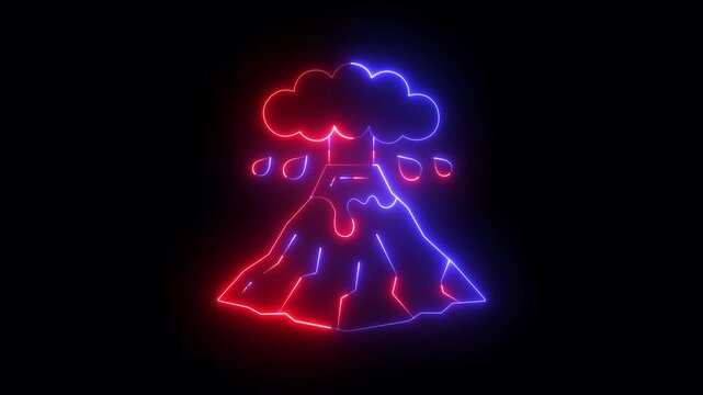 glowing neon volcanic eruption icon isolated on black background. depicting an active mountain with smoke and falling debris, suitable for warning signs, educational materials or environmental graphic