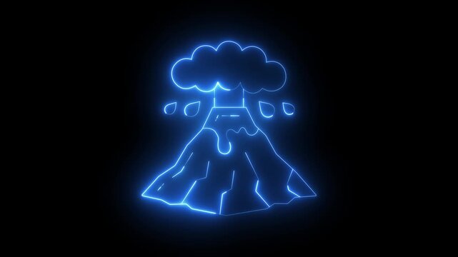 glowing neon volcanic eruption icon isolated on black background. depicting an active mountain with smoke and falling debris, suitable for warning signs, educational materials or environmental graphic