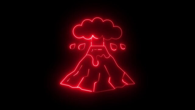 glowing neon volcanic eruption icon isolated on black background. depicting an active mountain with smoke and falling debris, suitable for warning signs, educational materials or environmental graphic