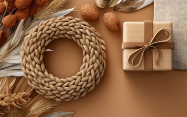 Obraz premium Macrame Wreath with Natural Elements and Gift Box on Flat Lay Background