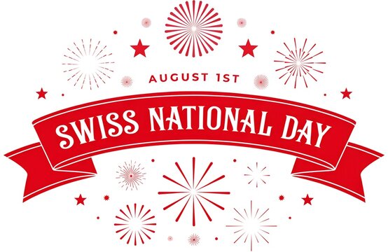 Swiss National Day Celebration August 1: Mountains, Flag, Alphorn, Goat, Edelweiss Illustration, Swiss National Day Celebration 1 August Typography