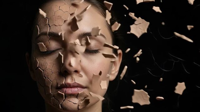 A woman's original skin falls off her face piece by piece and new skin appears.