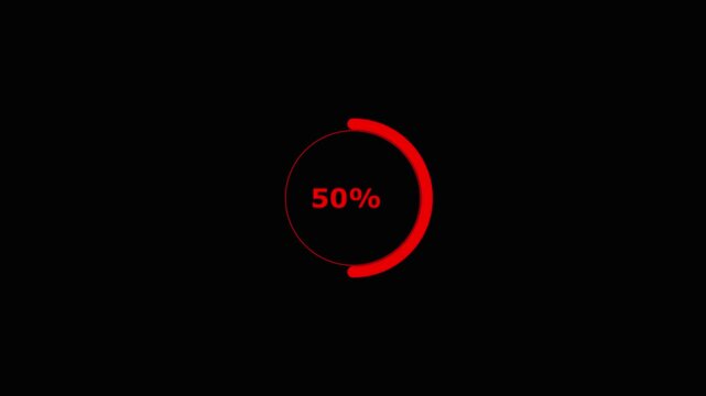 Red circular loading bar with hundred percent displayed in a bright red font on a deep black background representing progress and waiting.
