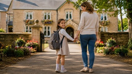 Obraz premium Mother Walking Daughter to School Entrance