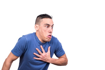 Obraz premium Man with hand on chest with surprised expression