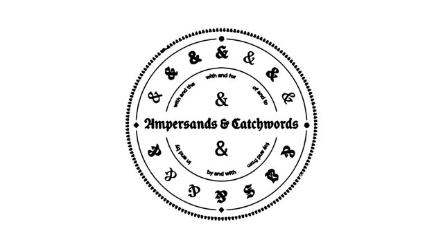 Ampersands and Catchwords in a Circular Design with Various Symbols and Text Elements Featuring Ampersand, Catchword, Symbol