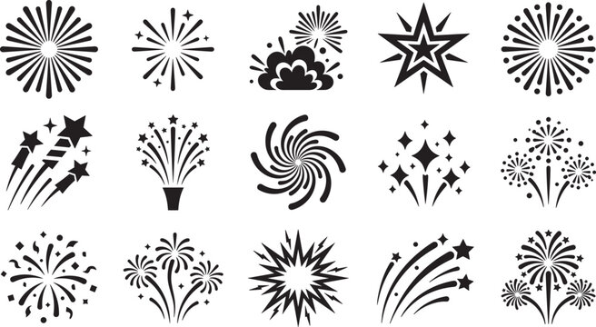 Holiday celebration fireworks and star burst explosion vector icons set with festive firecracker party pyrotechnic sparks black silhouettes