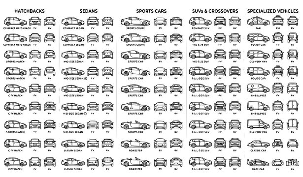 Car Outline Illustration Collection Black Vehicle Icons Side and Front View Vector Set