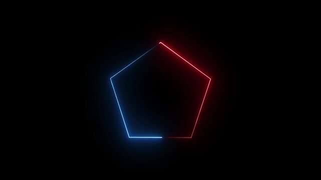 A glowing neon pentagon shape with one side illuminated in bright red and the opposite side in vibrant electric blue set against a completely black background.