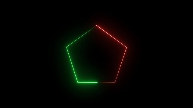 A luminous neon pentagon shape with one side glowing in a vibrant red hue and the opposing side illuminated with a bright green light, all set against a pure black.
