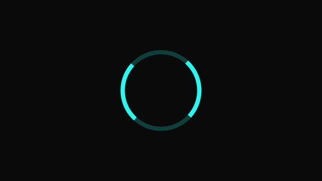 A minimalist circular progress bar or loading featuring segments of bright cyan neon light against a deep black background, with darker teal segments indicating.