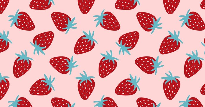 Cute repeating strawberry pattern with blue stems on pink background
