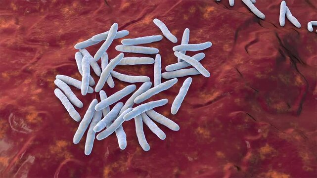 Mycobacterium tuberculosis bacterium, 3D animation showing slender rod-shaped acid-fast bacillus with rounded ends.