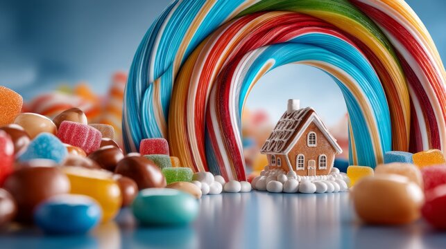 Colorful sugar candy rainbow arch with miniature gingerbread house scene