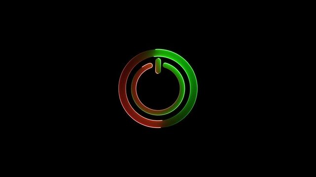 Glowing green and red circular power button with a subtle gradient effect on a dark black background representing activation or deactivation status.