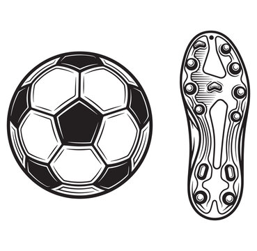 Soccer ball and football boot sole graphic illustration in black and white