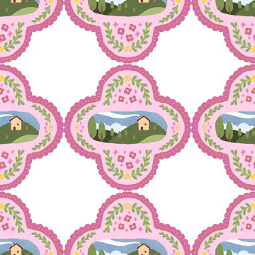 Seamless pattern whimsical pink green