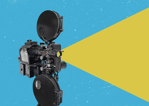 Flat design art. Retro vintage film projector with copy space. Vintage cinema poster.