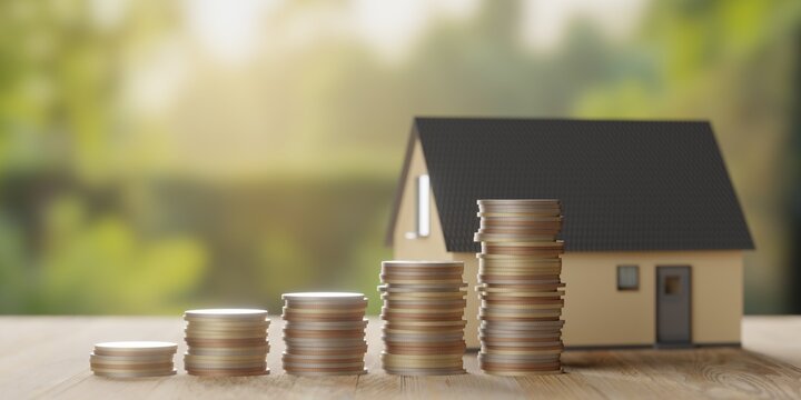 Miniature model house with rising money coins bar graph on wooden table over garden background, home or property investment concept, selective focus