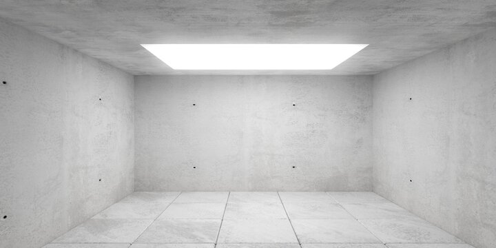 Empty concrete brutalism room with large area ceiling light and tiled floor, modern empty industrial interior background template
