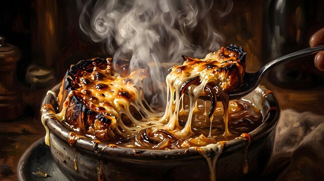 Savage Closeup of French Onion Soup with Torn Gruyere Cheese Crust, Violent Steam and Stretching Cheese, Charred Bread, Dark Dutch Masters Lighting, Fine Art Food Photography