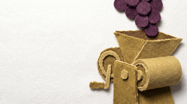 Felt grape crushing machine with purple grapes on a neutral background  