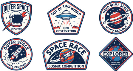 Set of Vintage Space Badges and Patches with Astronaut Helmet Rocket and UFO Illustrations © IconicCreations