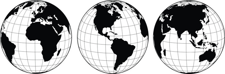 Three World Globe Vector Set with Black Continents Map and Grid Lines on White Background © IconicCreations