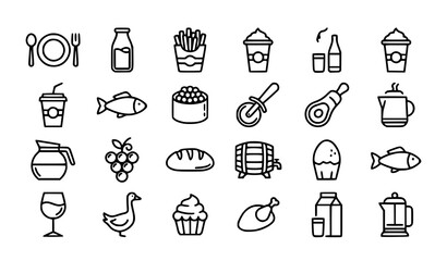 Food Line Icon Set with Milk Bottle French Fries Fish Sushi Coffee Wine Bread and Dining Outline Vector Collection © Md