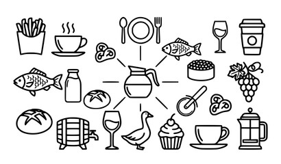 Modern Food Outline Icons Featuring Coffee Tea Sushi Bread Wine French Fries and Restaurant Essentials Vector Pack © Md