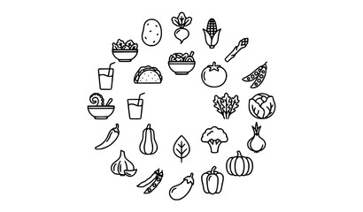 Fototapeta premium Modern Healthy Food Outline Icons Featuring Salad Smoothie Taco Broccoli Corn Pumpkin and Fresh Vegetables Vector