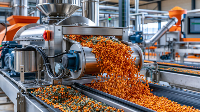 AI generator images of Automated fertilizer granulation machine producing uniform fertilizer pellets, stainless steel industrial granulator, fertilizer pellets flowing on conveyor belts, modern agricu