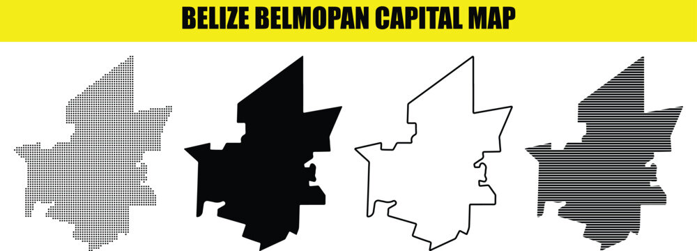 Four variations of belmopan city map, belize, including dotted, solid black, outline, and horizontal line patterns