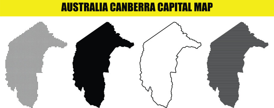 Four variations of the australian capital territory map, including dotted, solid black, outline, and horizontal line patterns on a white background